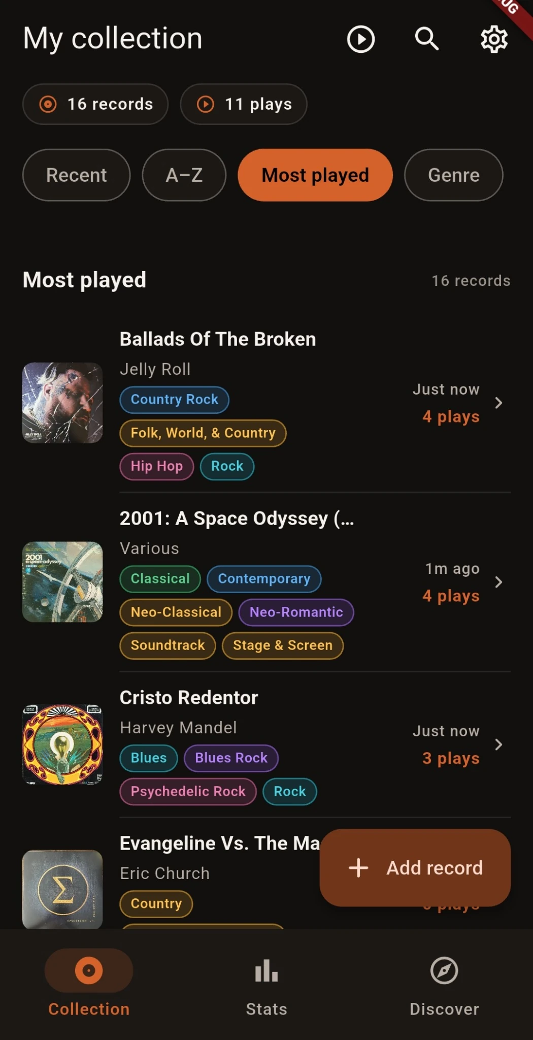 Groovefolio collection sorted by most played